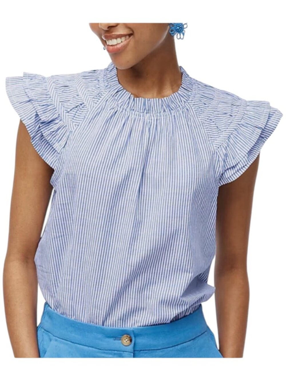 Sz Small J. Crew Blue and White Striped 100% Cotton Ruffle Sleeve Blouse Top